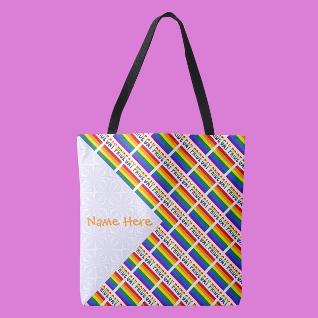 Bolsa Tote Orgulho gay Arco-Íris Sinalizador Laranja Cortado  (Tote bag has tiled Gay Pride Rainbow flag with words GAY PRIDE below. White space to add a name.)