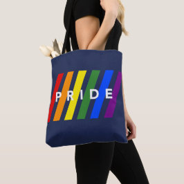 Bolsa Tote Orgulho LGBTQ Faixas Diagonais de Arco-íris em Azu