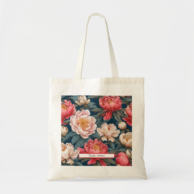 Bolsa Tote Oriental de Pêonos Brancos e Rosa Personalizáveis (Frente)