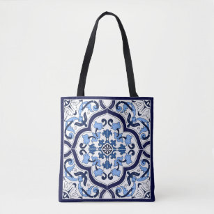 Bolsa Tote Ornamentado Azul Floral Mediterrâneo Azulejo Sicil