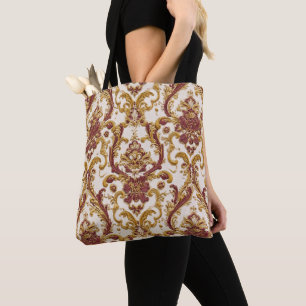 Bolsa Tote Ornamento Barroco de Marfim com Dourado e Burgundy