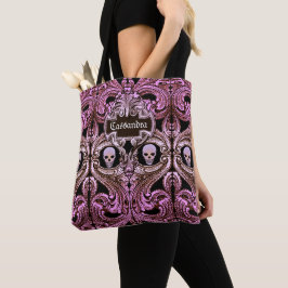 Bolsa Tote Ornamento cor-de-rosa do gótico com o crânio