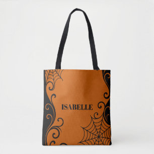 Bolsa Tote Ornamento de teia Laranja Negro halloween