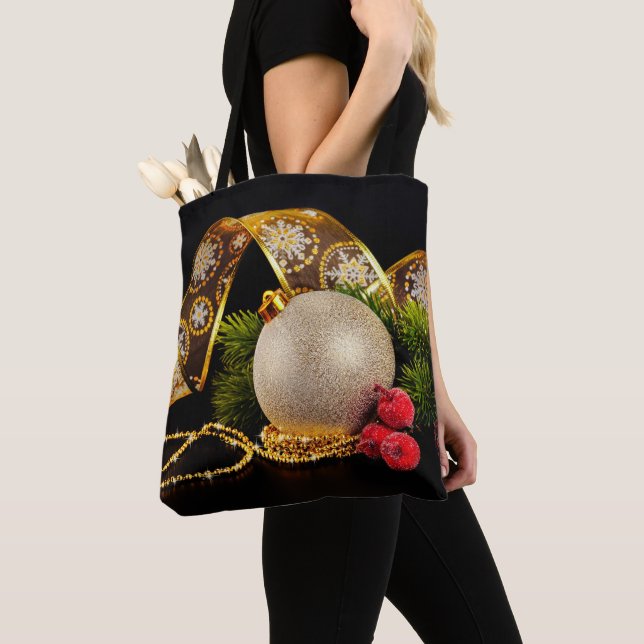 Bolsa Tote Ornamento Dourado Festivo e Fita (Close Up)