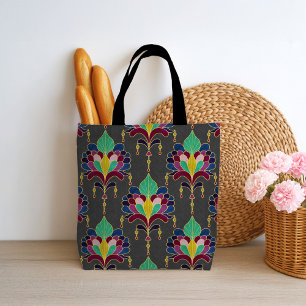 Bolsa Tote Ornamento Floral Art Déco Cinza Escuro e Dourado