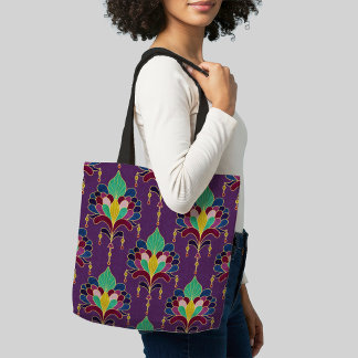 Bolsa Tote Ornamento Floral Art Déco Roxo e Dourado