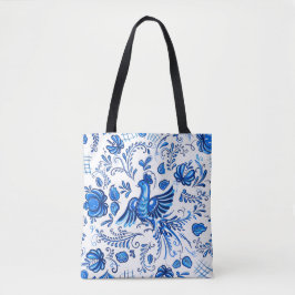 Bolsa Tote ornamento russo azul e branco 
