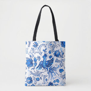 Bolsa Tote ornamento russo azul e branco