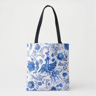 Bolsa Tote ornamento russo azul e branco 