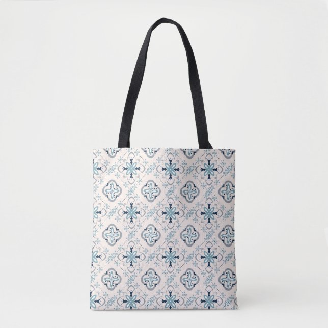 Bolsa Tote ornamentos marroquinos creme-azul na moda (Frente)