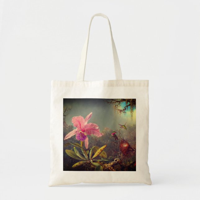Bolsa Tote Orquídea de Cattleya e três beija-flores (Frente)