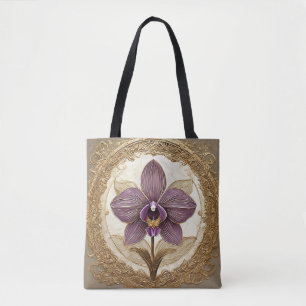 Bolsa Tote Orquídea Elegante em Moldura Dourada Intrincada