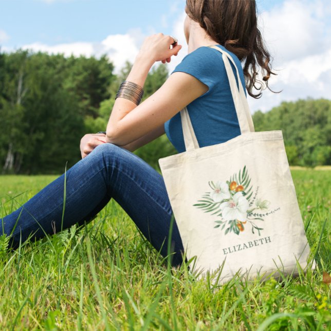 Bolsa Tote Orquídeas Brancas Elegantes e Kumquats Bridesmaid (Criador carregado)
