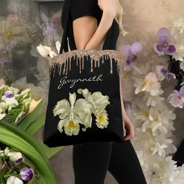 Bolsa Tote Orquídeas Brancas Elegantes Monograma de Glitter D