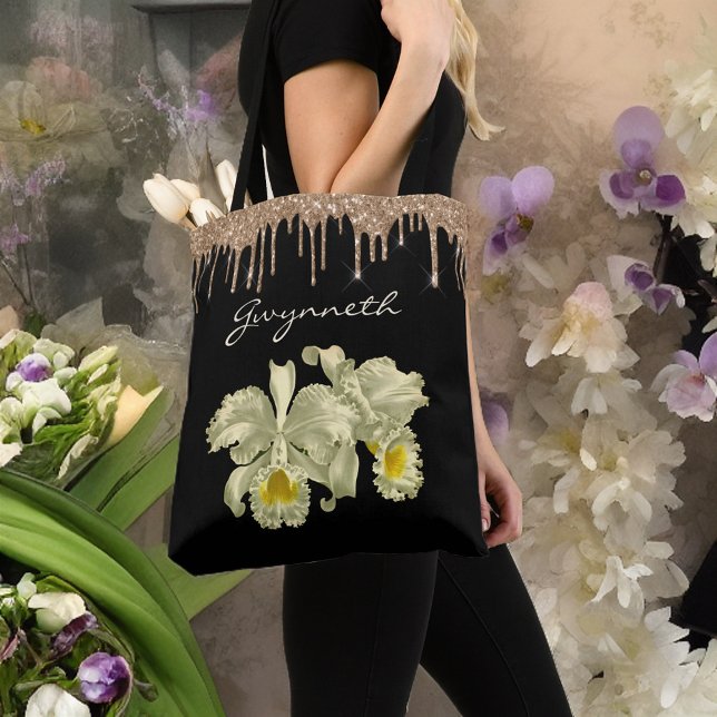 Bolsa Tote Orquídeas Brancas Elegantes Monograma de Glitter D (Criador carregado)