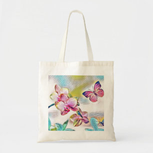 Bolsa Tote Orquídeas rosa flores e borboletas