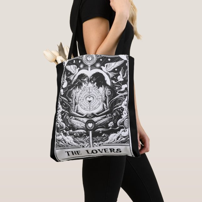 Bolsa Tote Os amantes Tarot Celestial Casal Preto e Branco (Close Up)