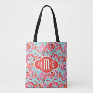 Bolsa Tote Os flamingos da aguarela recolheram o monograma de