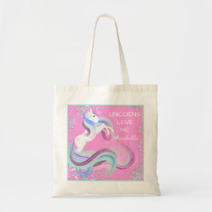 Bolsa Tote "Os Unicórnios Me Ama" Estrelas De Gliteira Rosa