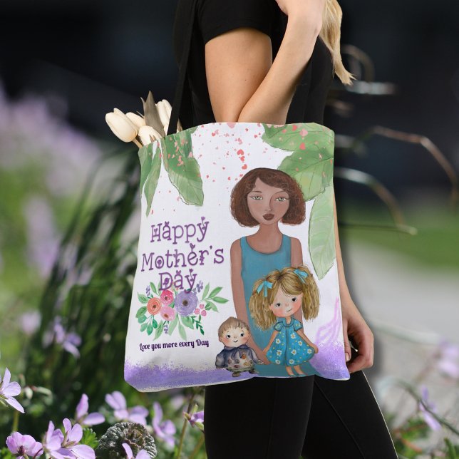 Bolsa Tote Ótima Ilustração Floral de Mãe e Crianças (Beautiful Mother & Kids Floral Illustration Tote Bag)