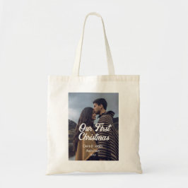Bolsa Tote Our first Christmas couple photo name white gray