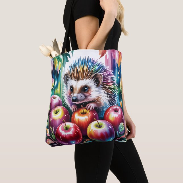 Bolsa Tote ouriço-cacheiro vibrante em aquarela com maçãs de  (Close Up)