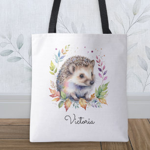 Bolsa Tote ouriço em aquarela animal da floresta personalizad