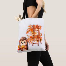Bolsa Tote Ouriço Fofo de Outono com Ilustração de Escada de