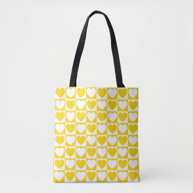 Bolsa Tote Ouro Amarelo e Branco Verificado com Corações (Frente)