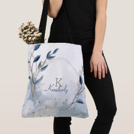 Bolsa Tote Ouro Azul Moderno Inicial Floral Nome Monograma