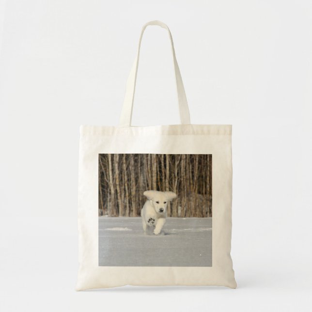 Bolsa Tote Ouro branco - Retriever Puppy na neve (Frente)
