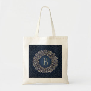 Bolsa Tote Ouro clássico - Letra azul B - Monograma Damasco