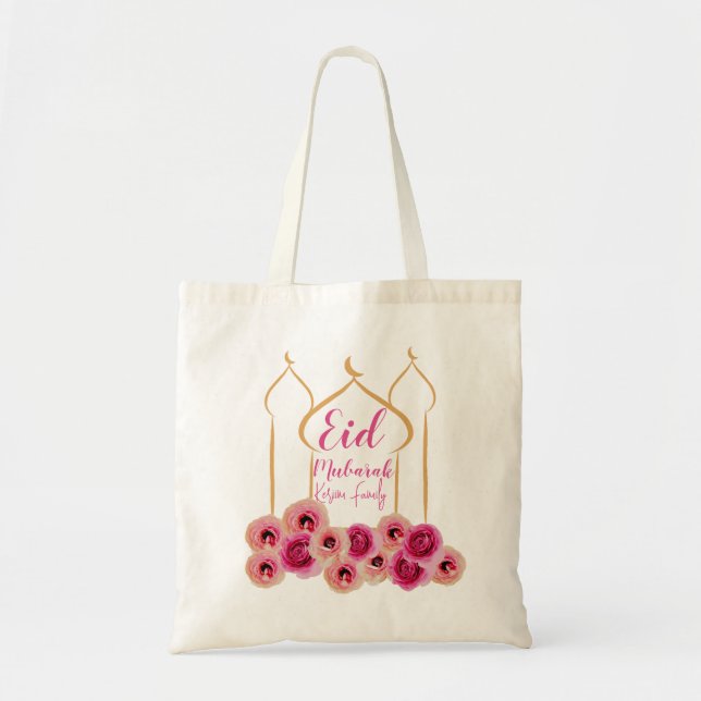 Bolsa Tote Ouro da Mesquita de Eid Mubarak - Flor Roxo (Frente)