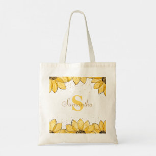 Bolsa Tote Ouro de Aquarela Girassóis Flores Monograma Nome