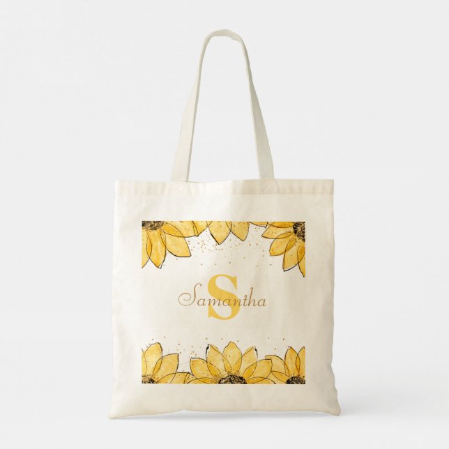 Bolsa Tote Ouro de Aquarela Girassóis Flores Monograma Nome (Verso)