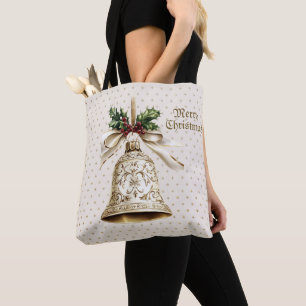Bolsa Tote Ouro de Natal Shiny Stars Green Folhas