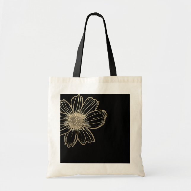 Bolsa Tote Ouro Floral design preto e branco Saco de Toques (Frente)