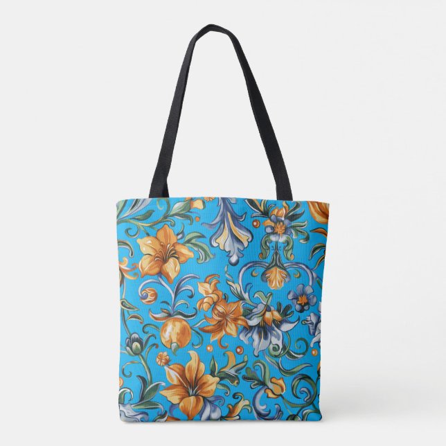 Bolsa Tote Ouro Floral e Blue Iris Scroll Toag (Verso)