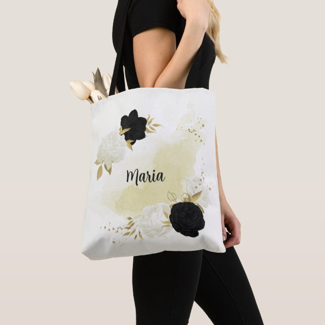 Bolsa Tote ouro floral preto e branco (Close Up)