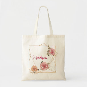 Bolsa Tote Ouro Geométrico Nome Floral Personalizado dos Rosa