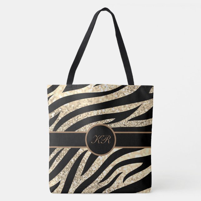 Bolsa Tote Ouro Glitter Sparkle Girly de Tigre Monograma (Frente)
