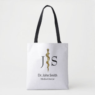 Bolsa Tote Ouro Médico em Haste Clássica de Asclepius Branca