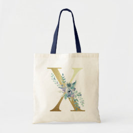 Bolsa Tote Ouro Monograma - Letra Azul Aquarela Flores