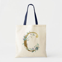 Bolsa Tote Ouro Monograma - Letra C Azul Aquarela Flores