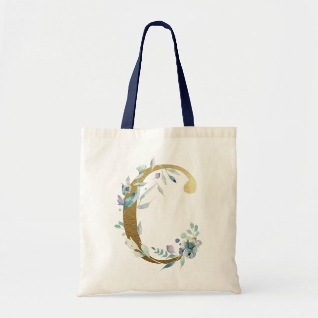 Bolsa Tote Ouro Monograma - Letra C Azul Aquarela Flores (Frente)