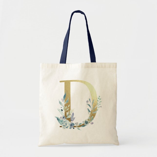 Bolsa Tote Ouro Monograma - Letra D Blue Watercolor Flowers (Frente)