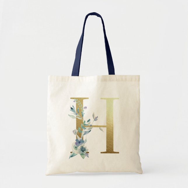 Bolsa Tote Ouro Monograma - Letra H Blue Watercolor Flowers (Frente)
