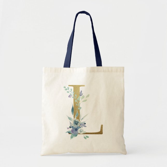 Bolsa Tote Ouro Monograma - Letra L Blue Watercolor Flowers (Frente)
