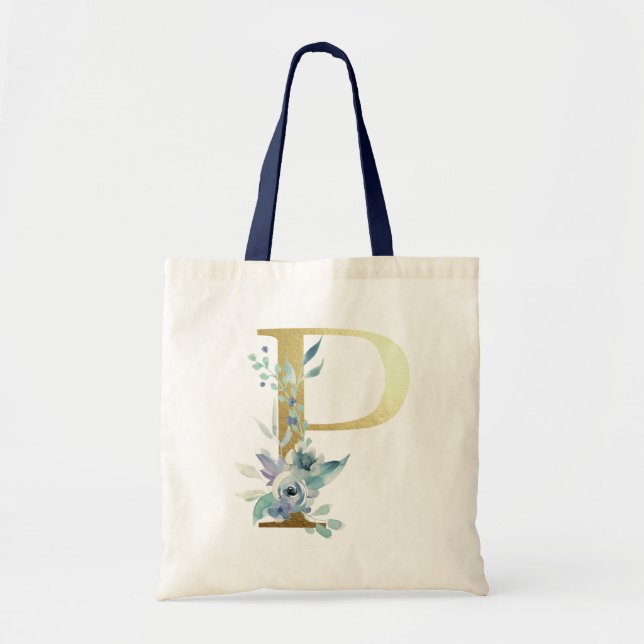 Bolsa Tote Ouro Monograma - Letra P Blue Watercolor Flowers (Frente)