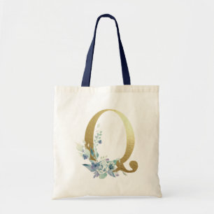 Bolsa Tote Ouro Monograma - Letra Q Blue Watercolor Flowers